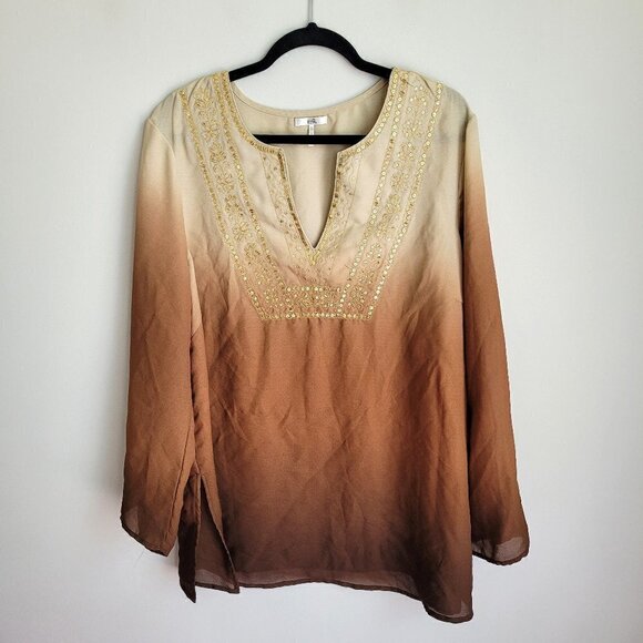 HP! Metro 7 Coffee Gradient Sequin Embroidered V-Neck Long Sleeve Beach Cover Up - Picture 1 of 7